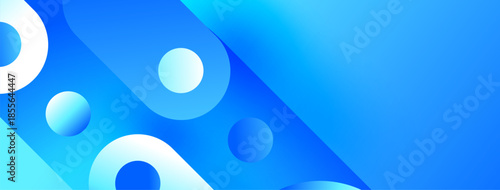 Abstract blue shapes overlap creating dynamic composition. Gradient hues suggest depth, modern design elements present. Smooth curves dominate visual space.