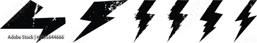 A series of black lightning bolts are shown in various positions. Concept of energy and power, as the bolts are depicted as striking and dynamic