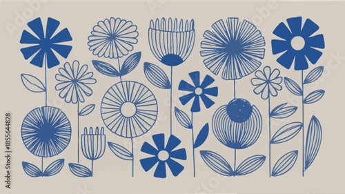 A collection of twelve stylized flowers in blue lines and shapes on a pale green background for design and decoration