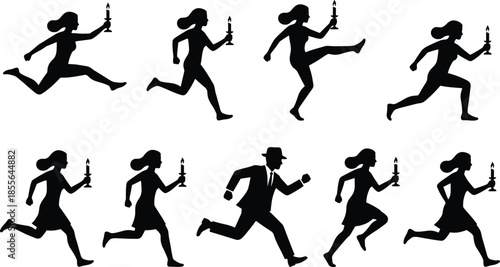 Running people silhouette vector illustration, dynamic woman holding candle and man chasing, action movement poses, mystery thriller concept, isolated black and white design