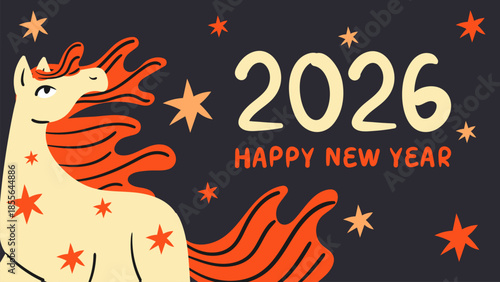 Chinese New Year of the horse 2026 banner. Hand drawn bright poster. Doodle style flat vector illustration.