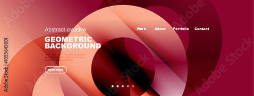 Abstract geometric background design. Red, orange hues create modern website header. Text elements present information, navigation options.