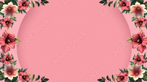 Elegant floral frame with vibrant pink hibiscus flowers and lush green leaves on a soft pink background, perfect for adding a touch of nature and beauty to any design or project