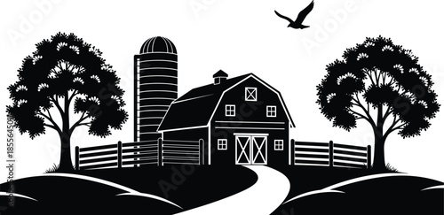 Rural farm landscape silhouette vector illustration, countryside barn with silo trees fence and bird, minimalist country scenery isolated background