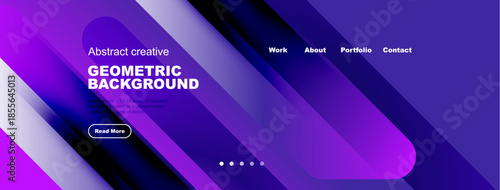 Modern website header design. Vibrant purple, blue gradients dominate. Text highlights geometric background, navigation options present.