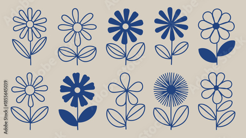 Twelve stylized flowers arranged vertically in blue and white on beige background
