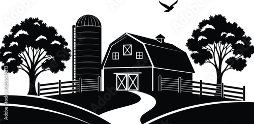 Rural farm landscape silhouette vector illustration, countryside barn with silo, trees, fence and flying bird, minimalist black white scenery