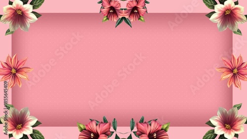 Elegant floral frame with vibrant pink flowers and lush greenery on a soft pink background, perfect for adding a touch of nature and beauty to any design