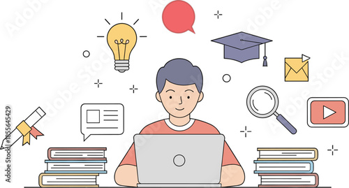 Bright outline illustration of a student studying online with a laptop, books, and academic icons.