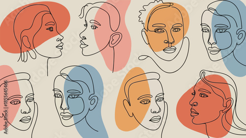A series of non repeating abstract faces in various colors and line art on cream background for design and creative