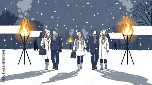 Three couples enjoying a nighttime winter walk outdoors illuminated by warm bright torches under heavy snowfall in a cold atmosphere