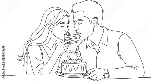 Minimalist line art illustration depicting a loving couple sharing a small piece of cake together with a decorated romantic heart cake nearby celebrating affection