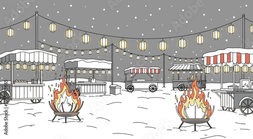 Warm glowing lanterns illuminate a snowy outdoor winter market scene featuring food stalls and a roaring fire pit for warmth and ambiance