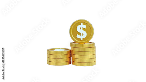 Golden Dollar Coins Stacked on White Background