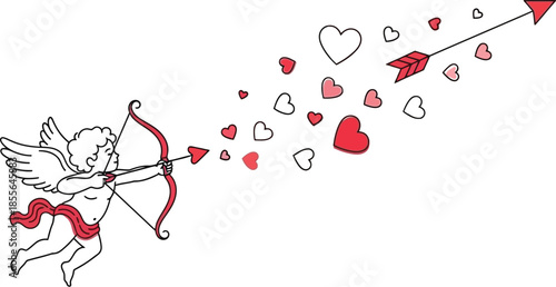 Adorable minimal cupid character flying and shooting a stylized love arrow trailed by many hearts symbolizing affection and romantic celebration concepts