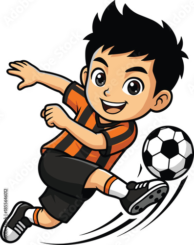 Cartoon young boy soccer player vector illustration, happy kid athlete in orange and black striped jersey kicking football ball, isolated character.