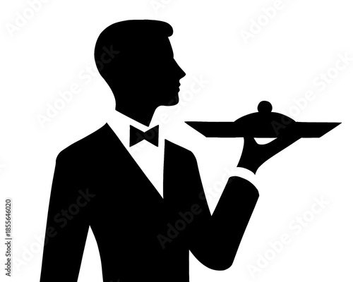 silhouette of a waiter with a food dish in his hand, vector illustration
