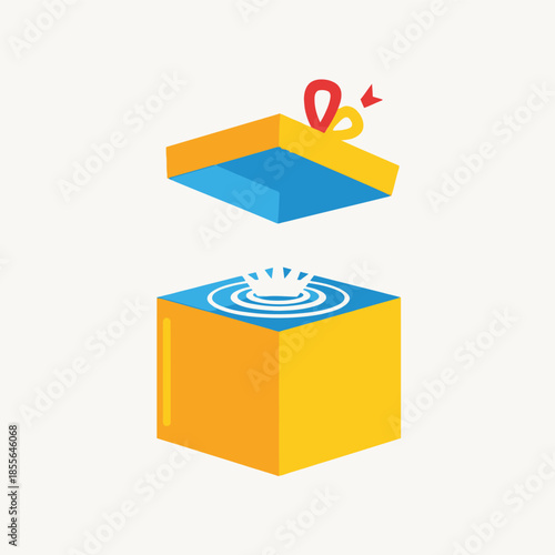 Stylized illustration of an open gift box with a blue rippling water surface inside, suggesting a surprise or hidden element.
