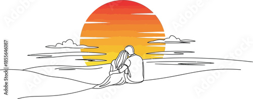 Minimalist line art illustration depicts a loving couple embracing while watching a beautiful orange and yellow gradient sunset over a horizon of land or water.