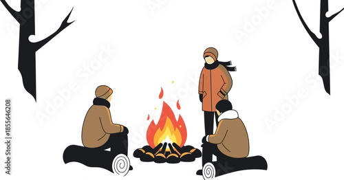 Three friends wearing warm winter clothing gather around a bright, crackling campfire in a snowy forest setting during a cold evening.