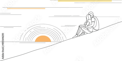 Minimalist line art illustration depicts a loving couple embracing while watching a stylized orange sunset over a horizon on a gentle slope