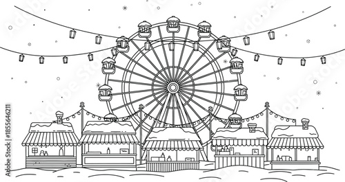Whimsical black and white line art illustration depicting a festive winter carnival scene featuring a large Ferris wheel illuminated by glowing string lights above snowy market stalls
