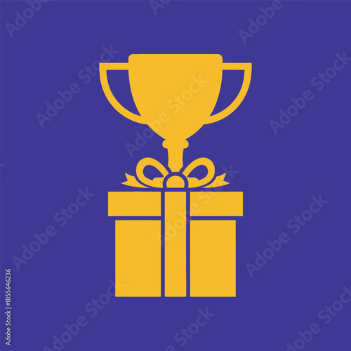 A golden trophy with two handles sits atop a golden gift box tied with a bow, all against a solid purple background.