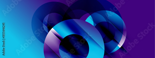 Abstract composition featuring overlapping translucent circles. Gradient hues transition from vibrant blue to deep purple. Modern design, dynamic shapes.
