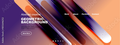 Abstract geometric background design. Purple, orange hues dominate. Text elements present, navigation visible. Modern aesthetic.