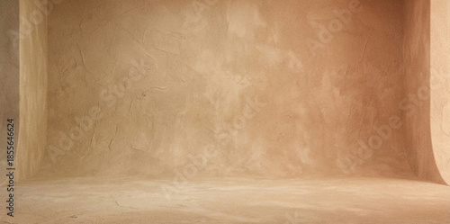 AI GENERATED: Warm earthy minimalist studio background with rough stucco plaster walls and visible trowel marks for organic product placement