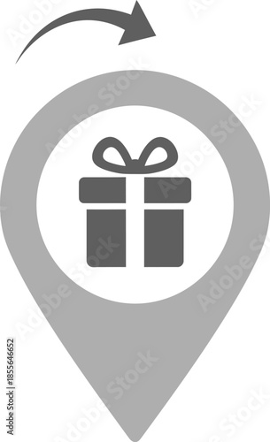 Location pin with a gift box icon and a curved arrow indicating return or exchange.