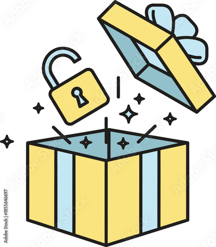 An illustration of an open gift box with an unlocked padlock floating out, surrounded by magical sparkles.