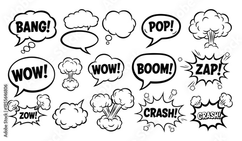 Comic boom cartoon effect line element set. Comic speech bubble pow, boom text, explosive splash smoke, wow cartoon vector icon. Hand drawn sketch doodle explosive element. Vector illustration.