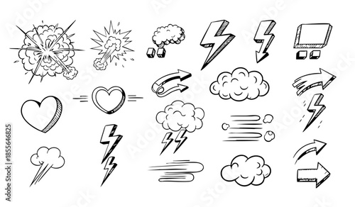 Comic boom cartoon effect line element set. Comic speech bubble pow, boom text, explosive splash smoke, wow cartoon vector icon. Hand drawn sketch doodle explosive element. Vector illustration.