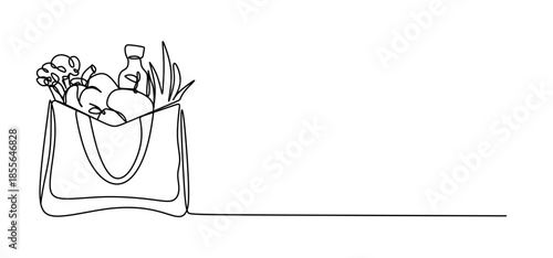 Continuous vector art line. Paper bag with food ingredients. Transparent background. editable stroke.