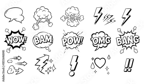 Comic boom cartoon effect line element set. Comic speech bubble pow, boom text, explosive splash smoke, wow cartoon vector icon. Hand drawn sketch doodle explosive element. Vector illustration.