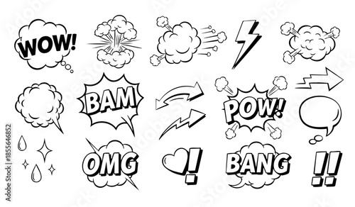 Comic boom cartoon effect line element set. Comic speech bubble pow, boom text, explosive splash smoke, wow cartoon vector icon. Hand drawn sketch doodle explosive element. Vector illustration.