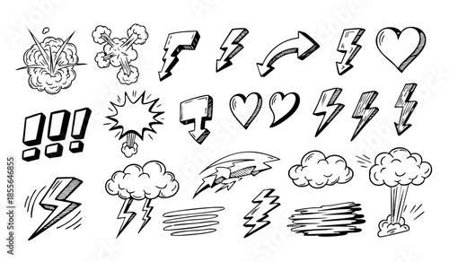 Comic boom cartoon effect line element set. Comic speech bubble pow, boom text, explosive splash smoke, wow cartoon vector icon. Hand drawn sketch doodle explosive element. Vector illustration.