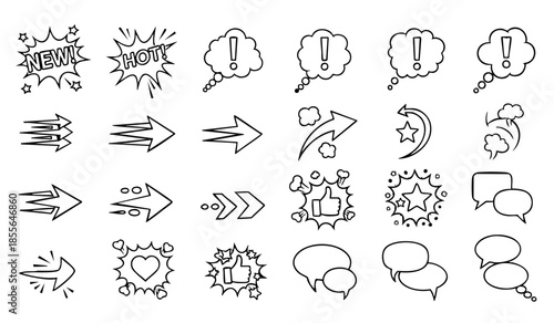 Comic boom cartoon effect line element set. Comic speech bubble pow, boom text, explosive splash smoke, wow cartoon vector icon. Hand drawn sketch doodle explosive element. Vector illustration.