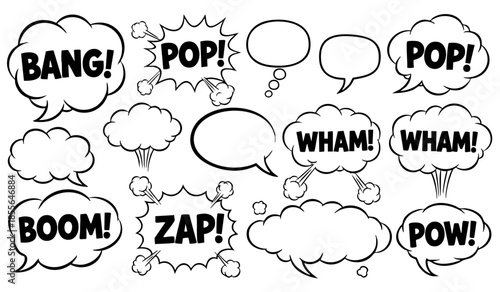 Comic boom cartoon effect line element set. Comic speech bubble pow, boom text, explosive splash smoke, wow cartoon vector icon. Hand drawn sketch doodle explosive element. Vector illustration.
