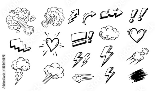 Comic boom cartoon effect line element set. Comic speech bubble pow, boom text, explosive splash smoke, wow cartoon vector icon. Hand drawn sketch doodle explosive element. Vector illustration.