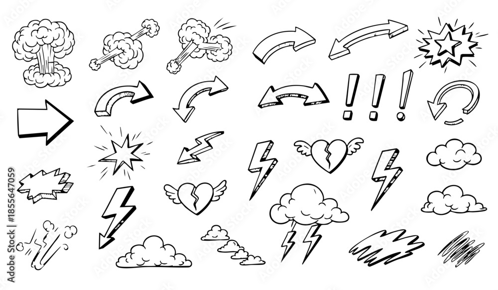 Fototapeta premium Comic boom cartoon effect line element set. Comic speech bubble pow, boom text, explosive splash smoke, wow cartoon vector icon. Hand drawn sketch doodle explosive element. Vector illustration.