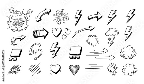 Comic boom cartoon effect line element set. Comic speech bubble pow, boom text, explosive splash smoke, wow cartoon vector icon. Hand drawn sketch doodle explosive element. Vector illustration