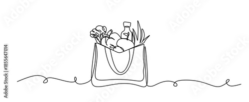 Continuous vector art line. Paper bag with food ingredients. Transparent background. editable stroke.