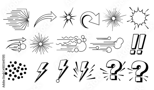 Comic boom cartoon effect line element set. Comic speech bubble pow, boom text, explosive splash smoke, wow cartoon vector icon. Hand drawn sketch doodle explosive element. Vector illustration.