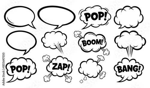 Comic boom cartoon effect line element set. Comic speech bubble pow, boom text, explosive splash smoke, wow cartoon vector icon. Hand drawn sketch doodle explosive element. Vector illustration.
