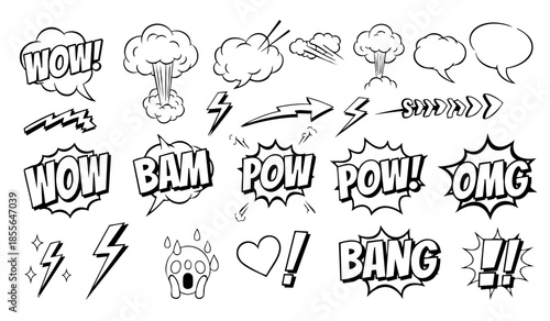 Comic boom cartoon effect line element set. Comic speech bubble pow, boom text, explosive splash smoke, wow cartoon vector icon. Hand drawn sketch doodle explosive element. Vector illustration