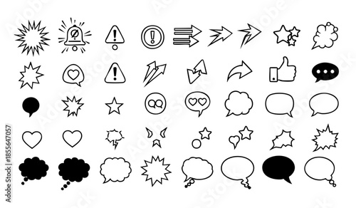 Comic boom cartoon effect line element set. Comic speech bubble pow, boom text, explosive splash smoke, wow cartoon vector icon. Hand drawn sketch doodle explosive element. Vector illustration