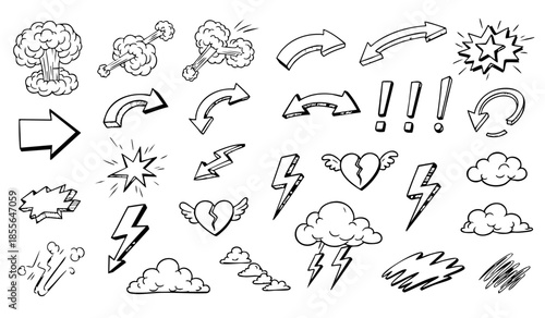 Comic boom cartoon effect line element set. Comic speech bubble pow, boom text, explosive splash smoke, wow cartoon vector icon. Hand drawn sketch doodle explosive element. Vector illustration.