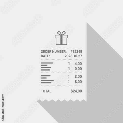 A minimalist graphic illustration of a paper receipt showing an order number, date, itemized list, and total amount with a gift box icon.